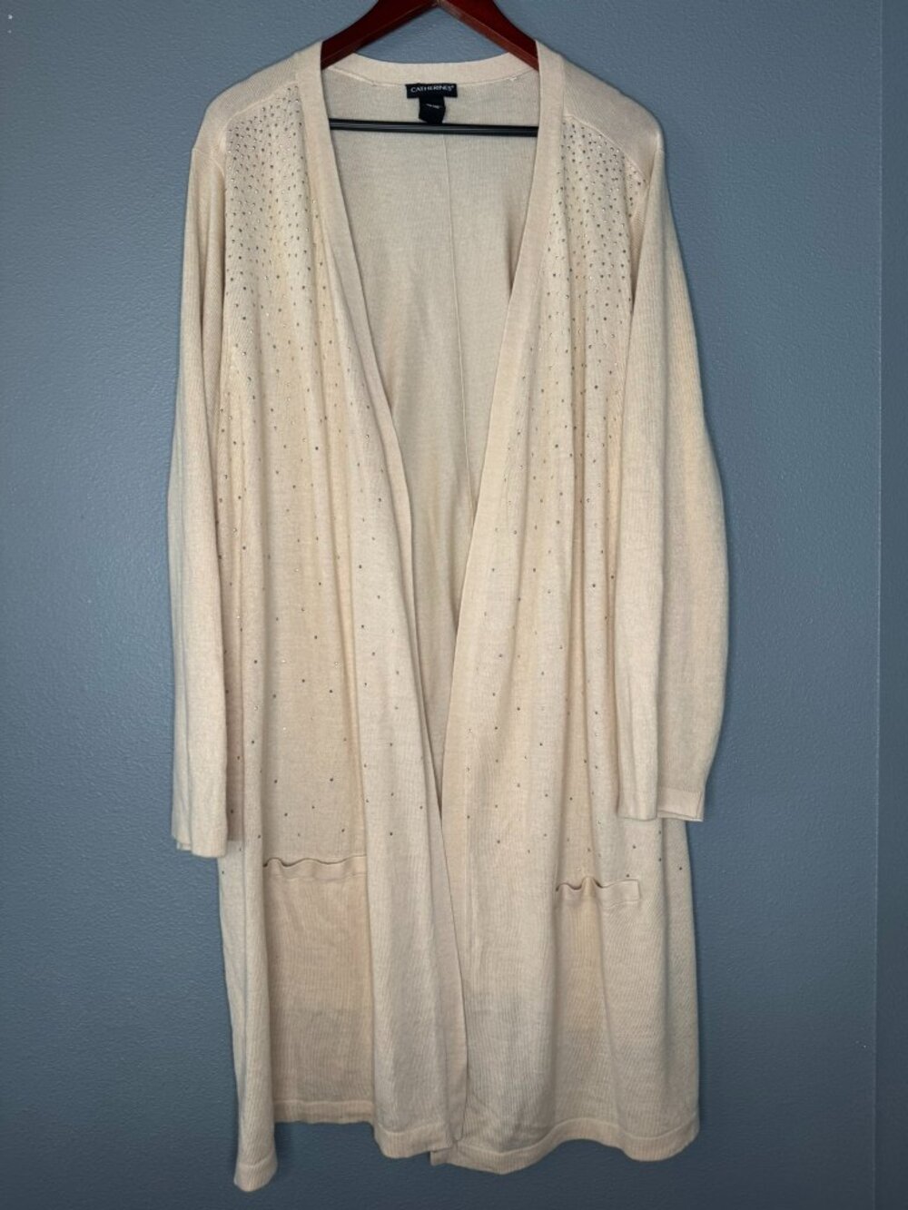 Catherines Cardigan Womens 4X Cream Rhinestone Open Front Longline Sweater Pocke